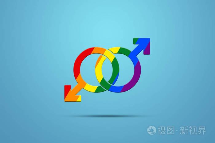 两个男性标志在蓝色背景上以 lgbt 颜色绘制.同性关系