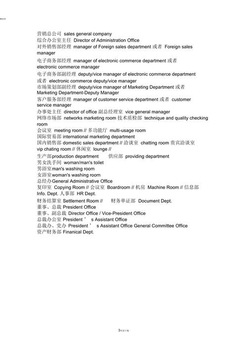公司各部门英文翻译