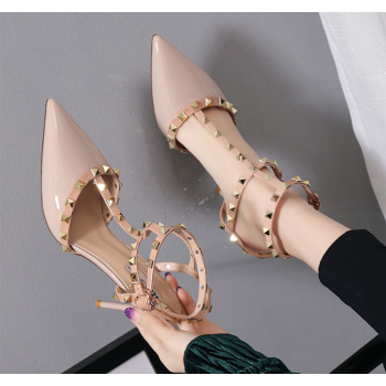 网红高跟鞋细跟铆钉单鞋百搭尖头女鞋一字扣包头凉鞋女夏米色8cm37