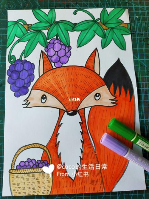 创意儿童画|装饰画|《狐狸与葡萄》 有一天,小狐狸走啊走,走到葡萄藤