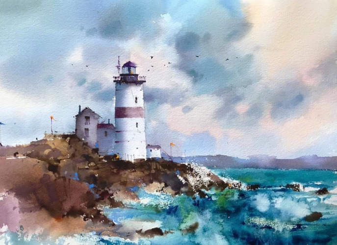 海边的灯塔清新治愈的水粉风景画
