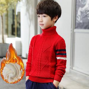 男童高领毛衣套头秋冬款加绒学生10岁保暖12中大童男孩红色针织衫