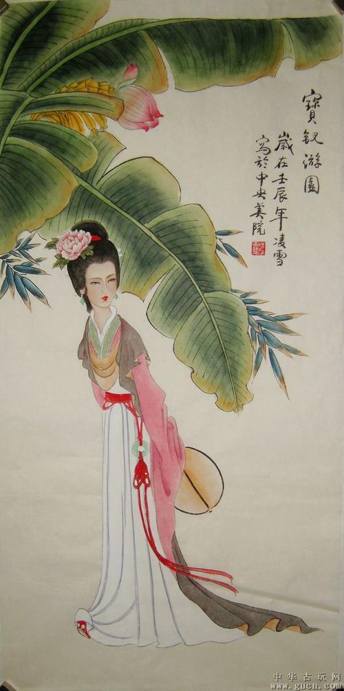 中国美术家协会会员段和敏工笔仕女宝钗游园736