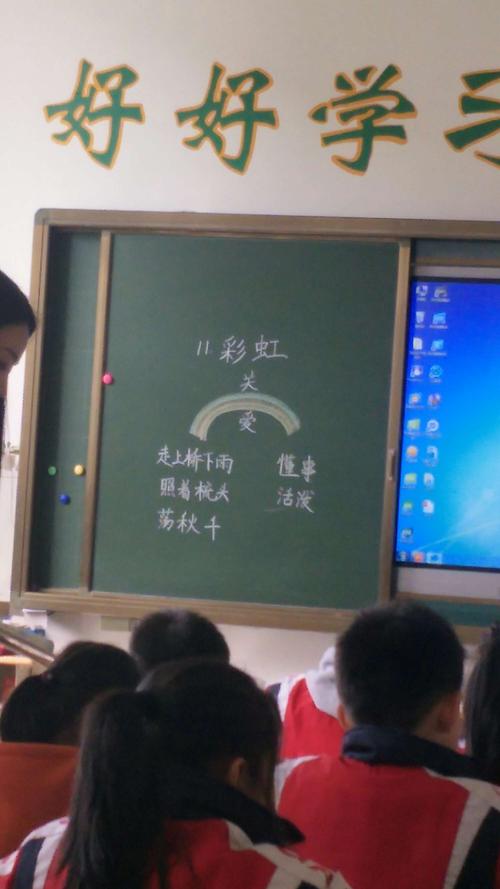 每一张幻灯片都紧扣题目彩虹,代入感十足,美丽的彩虹和整齐的板书