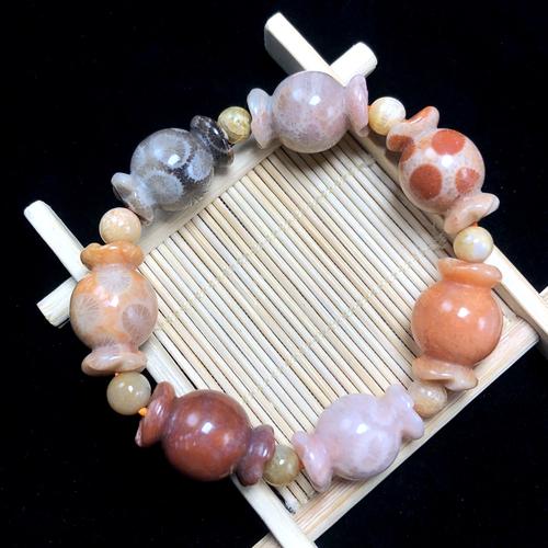 糖果色爱心精品原矿印尼珊瑚玉手链菊花玉石扁圆珠饰品男女款手串