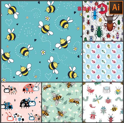 蜜蜂苍蝇七星瓢虫昆虫面料四方连续卡通印花图案设计素材