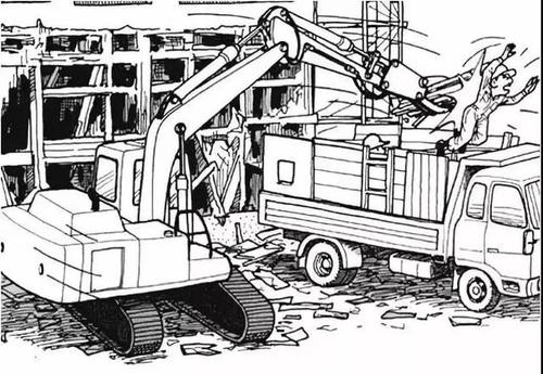 利用装上爪盘的液压挖掘机进行房屋解体作业.