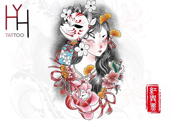 狐面女,狐妖纹身手稿