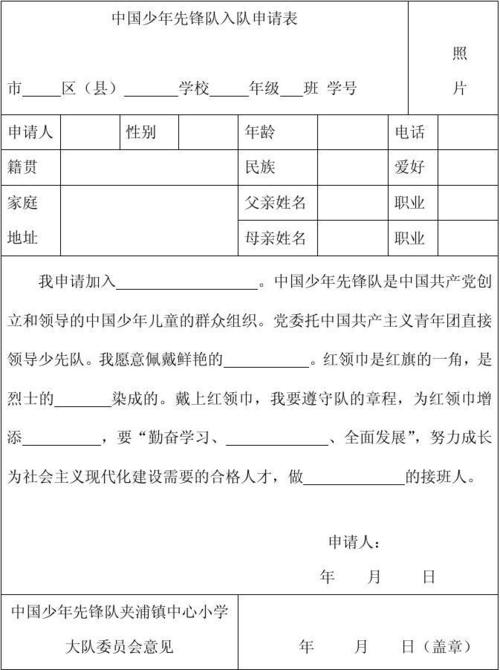 中国少年先锋队入队申请表全新样式