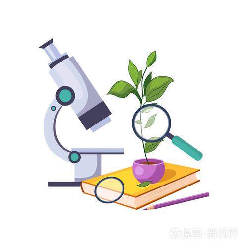 插画 植物学工具包显微镜与工厂壶,一整套学校和教育相关对象在五彩