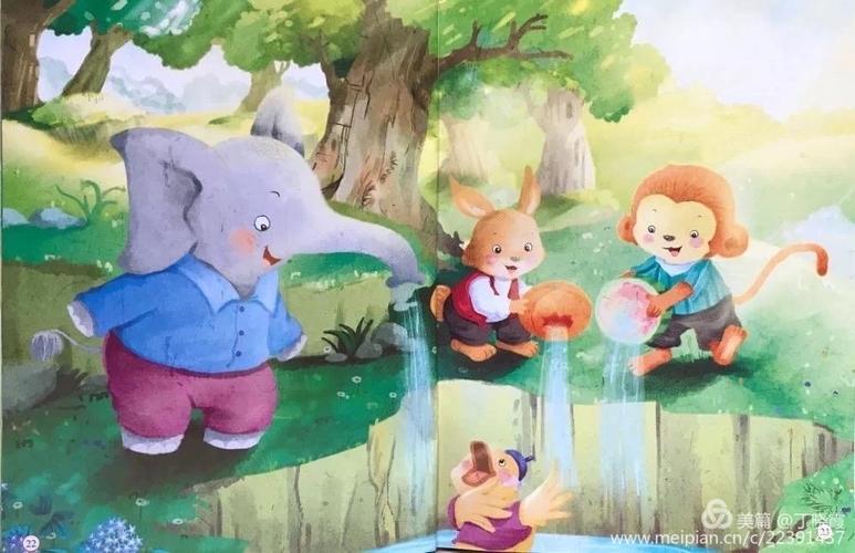 不一会儿,大象吸了满满一鼻子水,小兔和小猴也各自端水来到大坑旁.