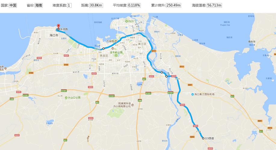 线路;由万宁到海口 ,沿途路线经过 兴隆海航康乐剧场(起点)-康乐路