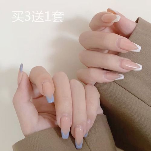 2020最新美甲显手白,2021网红显白美甲图片 夏天显手白的美甲成品穿戴式法式边中长款指甲贴片2021新款可拆卸