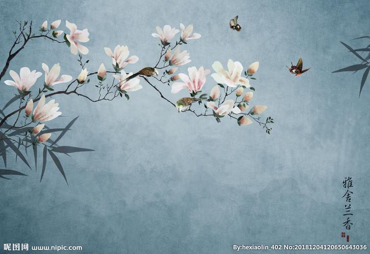 玉兰花枝叶花鸟冷色调壁画背景墙图片