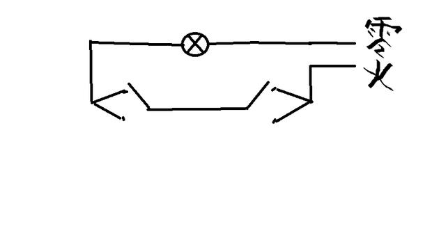 零线直接接灯,一个开关的l为火线进线,另一个开关的l接灯,再用两根线
