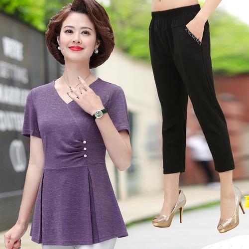 中年妈妈夏装洋气套装时尚 40-50岁中老年女装短袖上衣两件套裙子