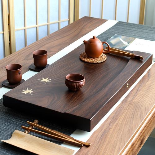 整块黑檀木茶盘实木家用简约长方形大小号茶海茶台功夫茶具排水枫叶