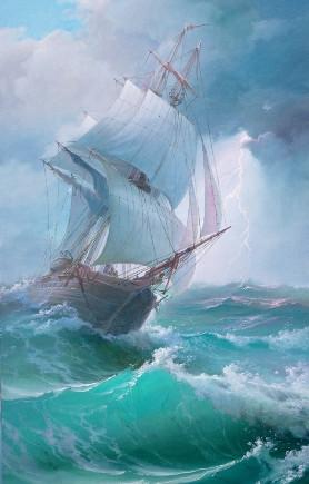 乌克兰luzik victor油画帆船.海浪作品