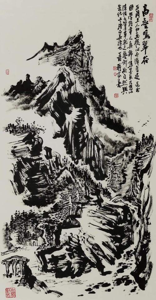 穆家善《高壑鸣翠谷》焦墨画 138×69cm 2017年