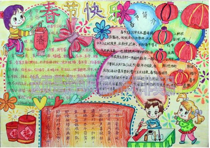 春节快乐871a3春节手抄报空白模板,欢度春节描边涂色简报,新年快乐