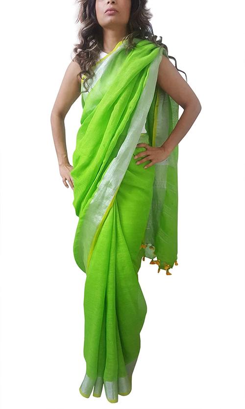 mehrunisa handloom 高级亚麻纱丽服,西孟加拉纹边