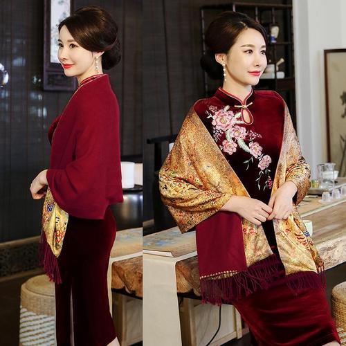 喜婆婆旗袍披肩外搭婚礼红色女结婚妈妈礼服春秋冬款