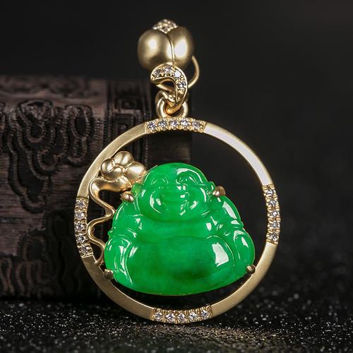 天然a货翡翠弥勒佛吊坠 18k黄金镶嵌笑佛玉石坠子佛公女款挂件