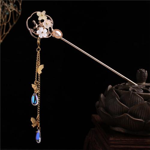 月桂流苏发钗盘头发饰品汉服头饰宫廷风发簪古风步摇花朵珍珠簪子