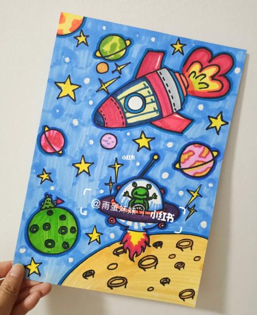 儿童创意卡通画简笔飞去外太空宇宙火箭飞船