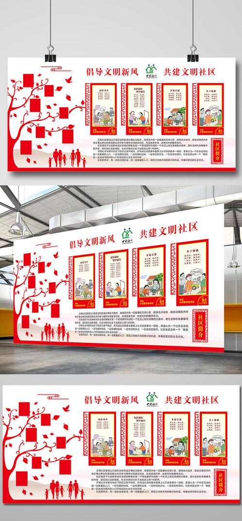 > 红色社区邻里文化墙社区宣传栏照片墙展板   企业展板 党员活动室