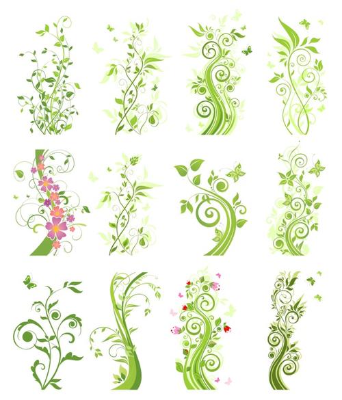 绿色藤蔓花草ai矢量素材 12款绿色植物花卉花纹 花藤 设计素材