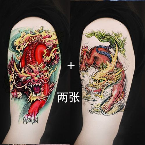新款彩色招财麒麟貔貅穷奇纹身贴防水男 持久花臂半臂