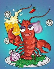 小龙虾啤酒插画