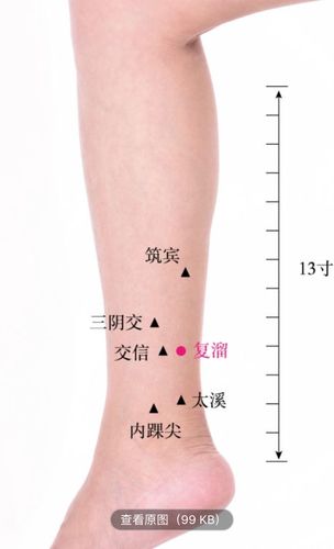 复溜穴 定位:侧坐或仰卧位,先确定太溪穴的位置,由太溪直上3横指,在