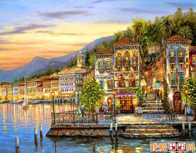 欧洲小镇油画风景图片:色彩艳丽的欧洲小镇复古风格风景油画(13)欧洲