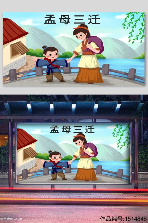 寓言故事孟母三迁宣传插画模板下载-编号1514848-众图网