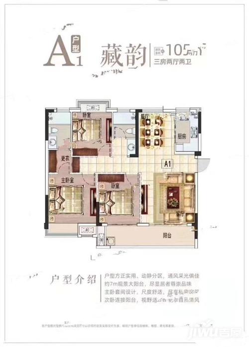 九江中辉学府a1户型户型图_首付金额_3室2厅2卫_105.
