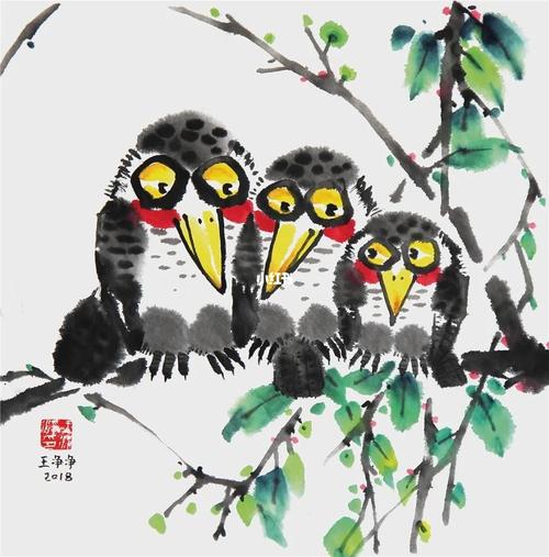 四幅萌趣水墨画萌鸟系列_国画_水墨画_正定古城攻略_人文_绘画