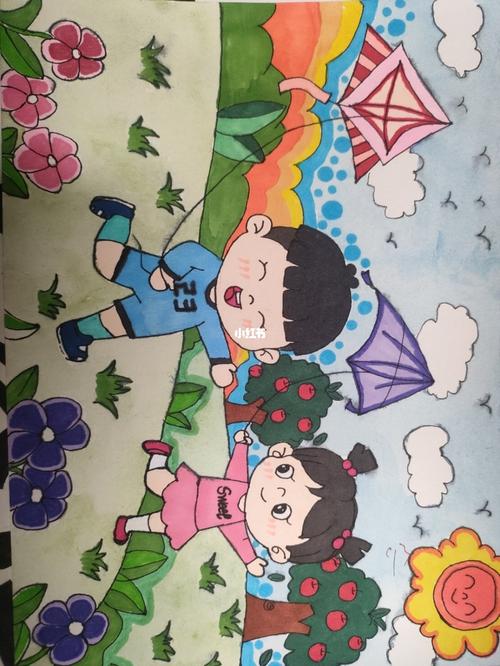 临摹儿童画《放风筝》_儿童画_放风筝_临摹_水彩画_汤圆_文化_绘画