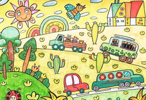 汽车儿童画三年级简单的画图片