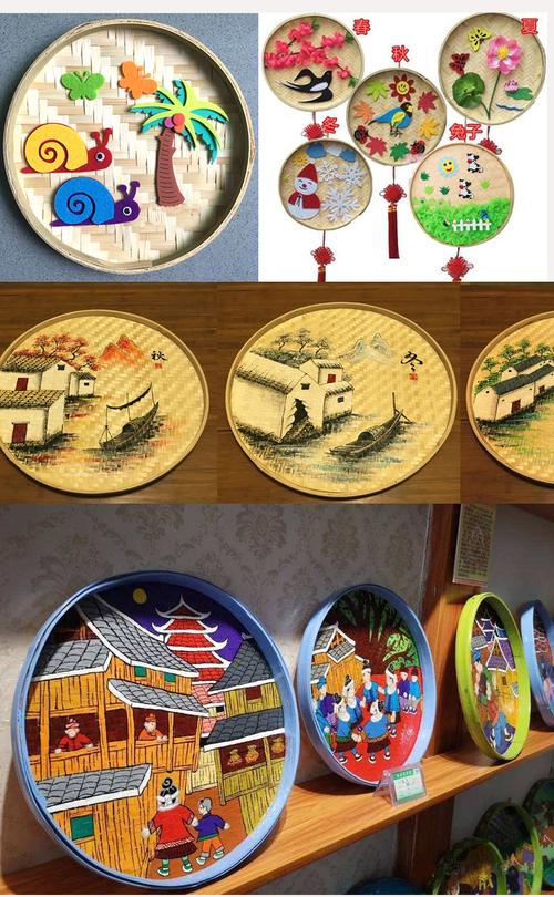 农家竹编簸箕手绘画手工编织装饰筐绘画创意筛子竹匾圆簸箕画晾晒