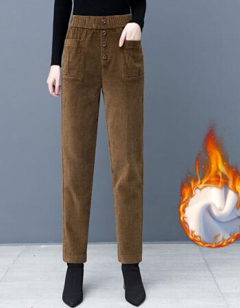 女秋冬2021新款春秋加厚外穿哈伦裤休闲萝卜裤条绒女裤卡其色加绒3xl