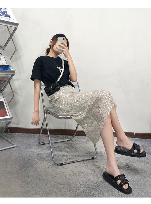 人鱼姬亮片半身裙女夏季中长款气质高腰裙子显瘦开叉一步裙