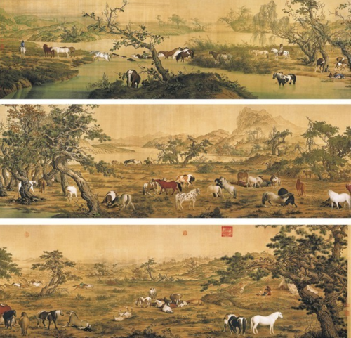宫廷画家郎世宁作品,是中国十大传世名画之一,此图共绘有100匹骏马