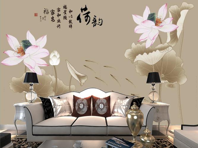 新中式手绘白荷花荷韵国画电视背景墙