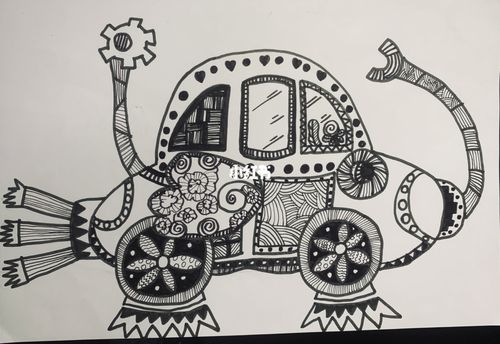 创意小汽车～ 线描画少儿美术画_美术_文化_绘画
