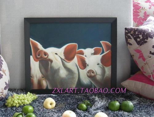 手绘 欧式 经典 动物 油画 可爱的宠物猪 装饰 有框画商品图片价格