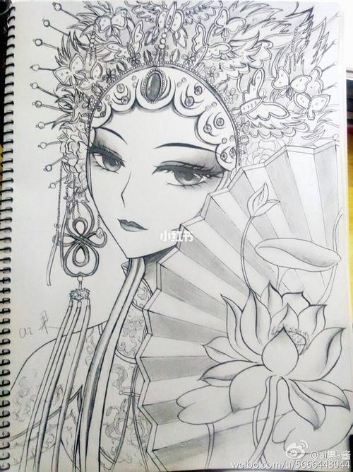 花旦戏子线稿|素材_线稿_素材_简笔画_教程_简笔画教程_人文_绘画