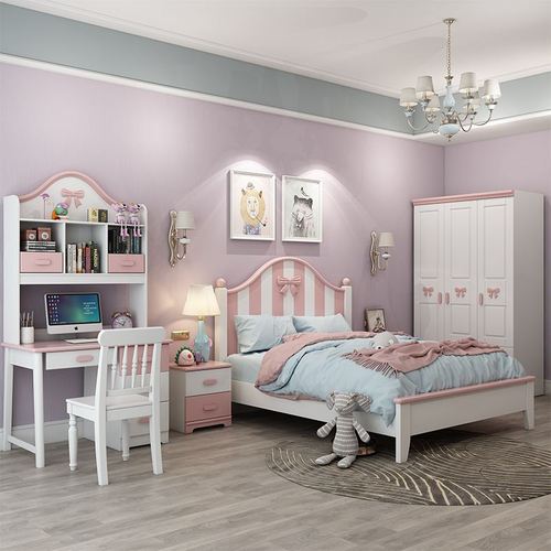 儿童套房公主女孩三门衣柜书桌粉色成套家具儿童成套家具
