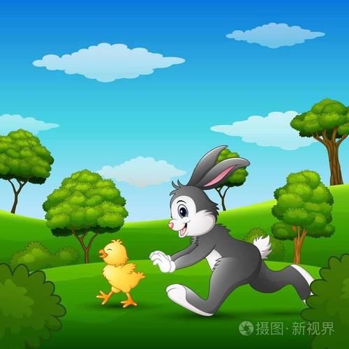 快乐的小兔子,小鸡在公园里玩